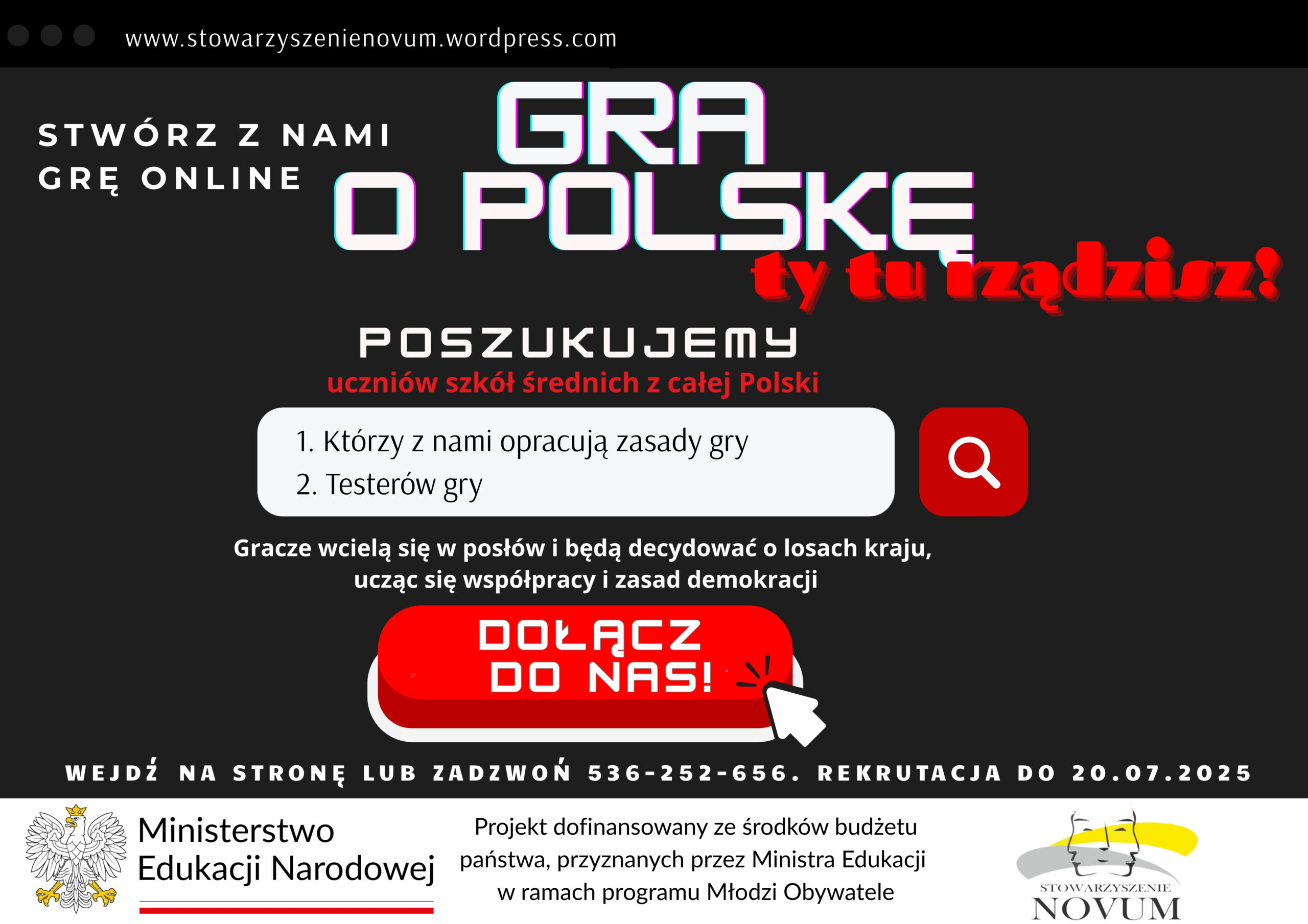 plakat czarny z białymi i czerwonymi napisami że poszukują testerów gry do "gra o polskę"
